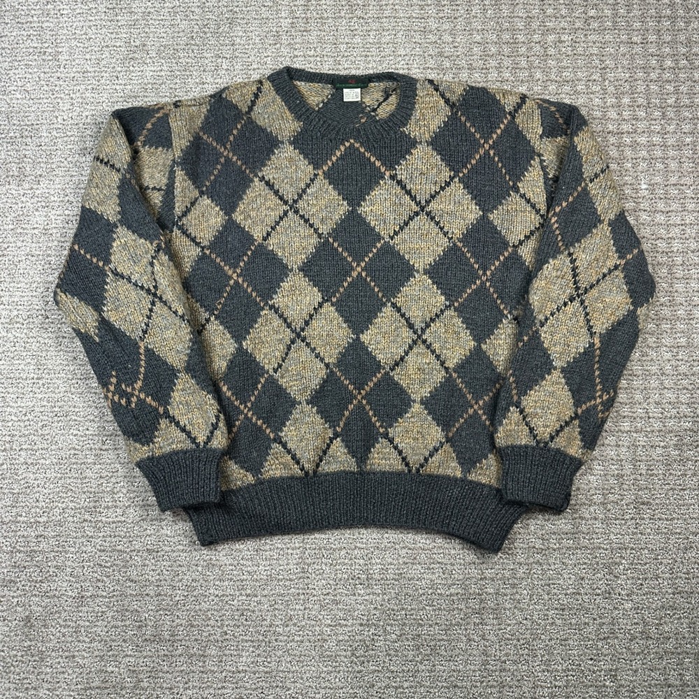 Vintage Abercrombie & Fitch Argyle Wool Sweater Mens XL Grey Virgin Wool Uruguay